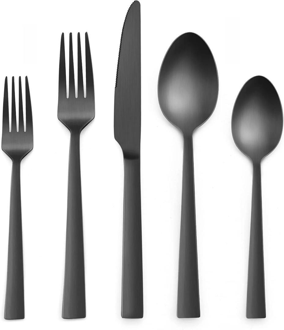 HaWare Silverware Set, 40 Pieces Stainless Steel Square Flatware Cutlery for 8, Modern Tableware Eating Utensils for Home, Matte Finish, Dishwasher Safe (Matte Blackclose black gray)