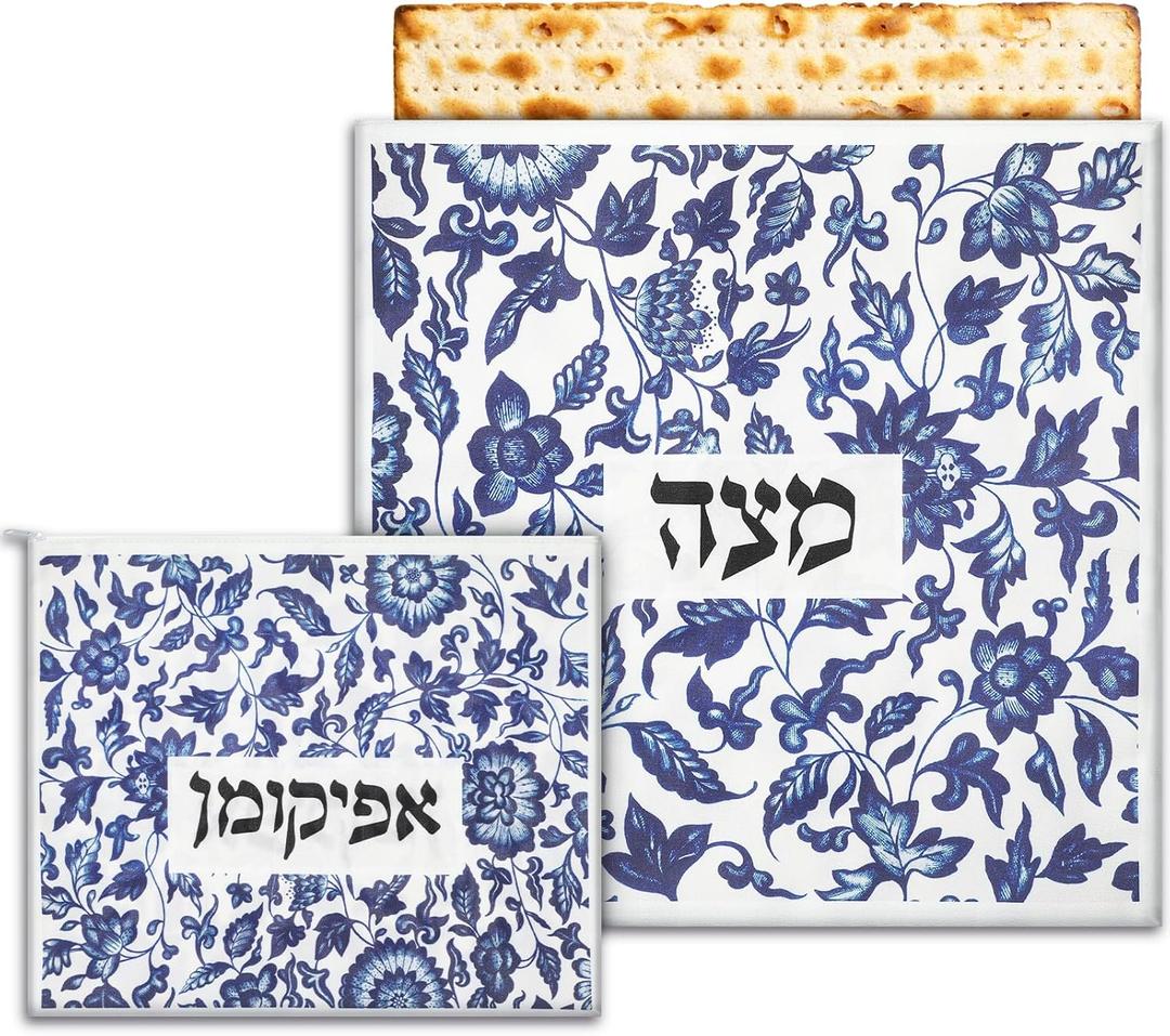 Mindsoft 2 Pcs Passover Afikoman Bags set Passover Seder Afikomen Holder Rustic Matzah Afikoman Cover Bags with 3 Layers Compartment for Pesach Jewish Holiday Party Decor Gifts (Porcelain)