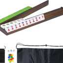 Wooden Mahjong Racks Set with Detachable Magnetic Pushers, 4 Racks & 4 Pushers,Includes 3 Dice, 2 Chip Packs & Carry Bag, Sturdy & Portable Family Game Night Set