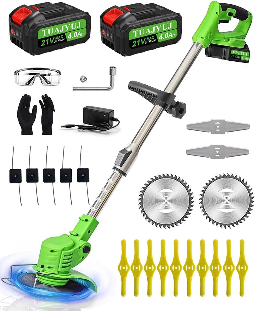 Electric Weed Wacker Cordless, 21V Weed Cordless Eater, 4 in 1 Lightweight Stringless Brush Cutter, with 2 Pcs 4.0 Ah Battery Grass Trimmer for Courtyard Gardens (Green)