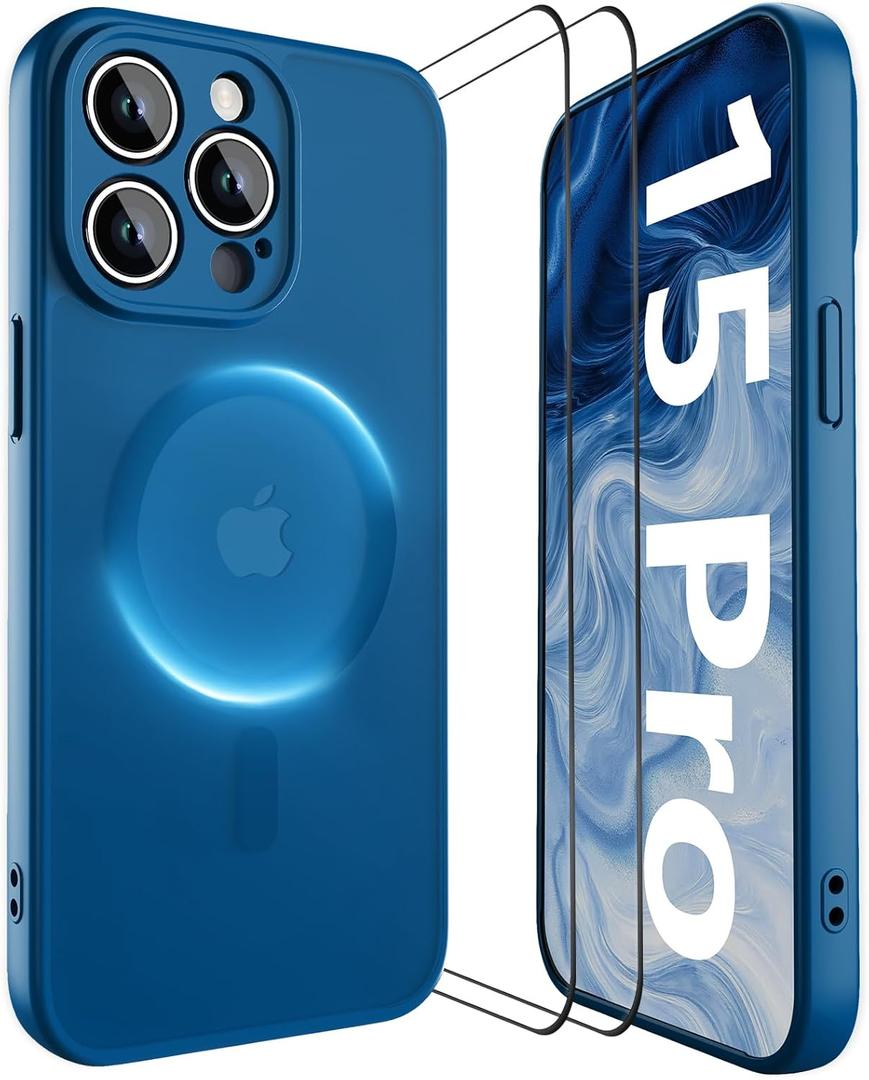 YFEMLAZ Magnetic for iPhone 15 Pro Case,with Screen Protectors X2,Full Camera Protection,Compatible with MagSafe,Translucent Matte,Anti-FingerprintShockproof Protective Phone Case,6.1",Blue