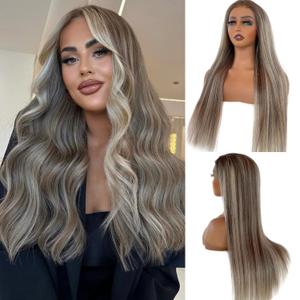 30 Inch Balayage Blonde Lace Front Wig Long Straight Human Hair 13x6 HD Lace Frontal Pre Plucked with Baby Hair 150% Bleached Blonde Highlights with Walnut Brown Glueless Ombre Wigs for Women