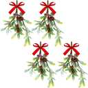 Christmas Artificial Mistletoe Ornament with Red Bow Snowy Red Berries Christmas Hanging Mistletoe Decoration Bouquet Floral Natural Pine Cones Holiday Decoration Ornament Bouquet(4 Pieces)