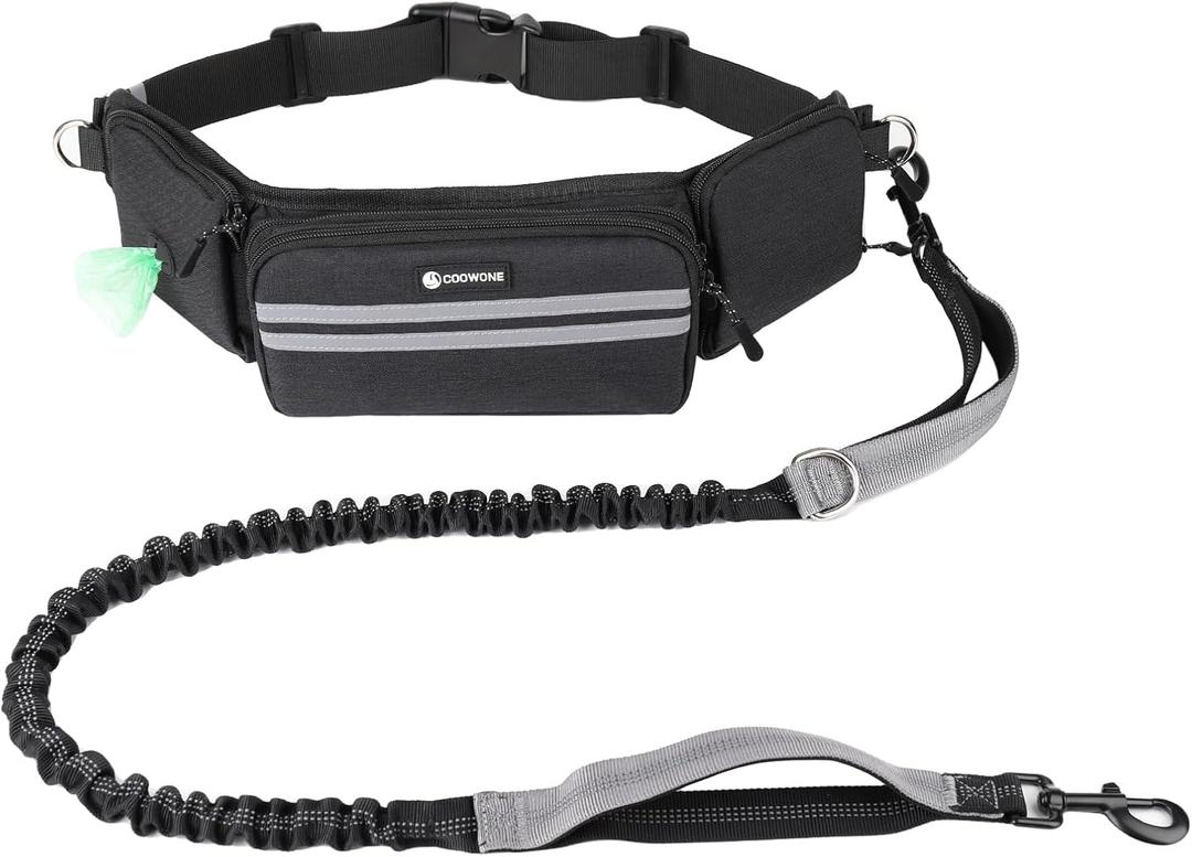 Hands Free Dog Leash with Dog Walking Fanny Pack for Large Medium Small Dogs, Heavy Duty Durable Reflective Waist Bungee Leash for Dog Training,Night Walking Running Jogging Hiking (1 Leah, Black)