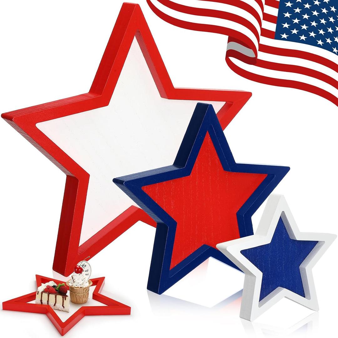 Maxcheck 3 Pcs 4th of July Serving Trays 250th Anniversary Wood Star Shaped Candy Dishes Red White and Blue Patriotic Dessert Platter Decorative Serving Bowl for Snacks Cookies Charcuterie Fruits