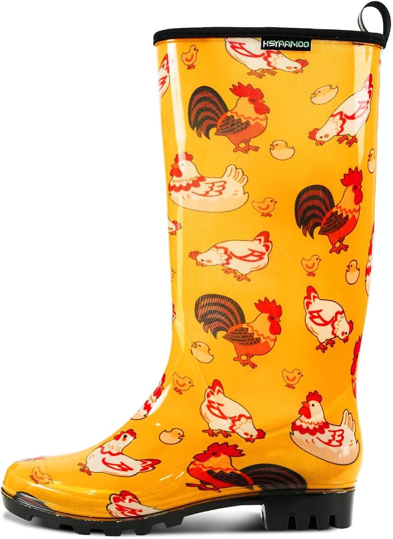 HSYAAMOO Women’s Tall Rain Boots, Waterproof PVC Garden Boots for Women, Non-Slip Floral Rain Shoes with Standard Calf Fit, Pull-On Handle – Orange Chicken Print, Size 7 Women