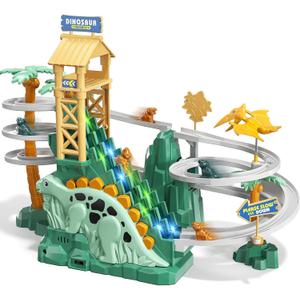 Dinosaur Climbing Slide Stair Toy for Toddlers Aged 3 4 5 6 7 8 - Racing Track Game Set, Sliding Car Toy, Dinosaur Themed with Light and Music, Birthday Dinosaur Gifts for Boys Girls Kids