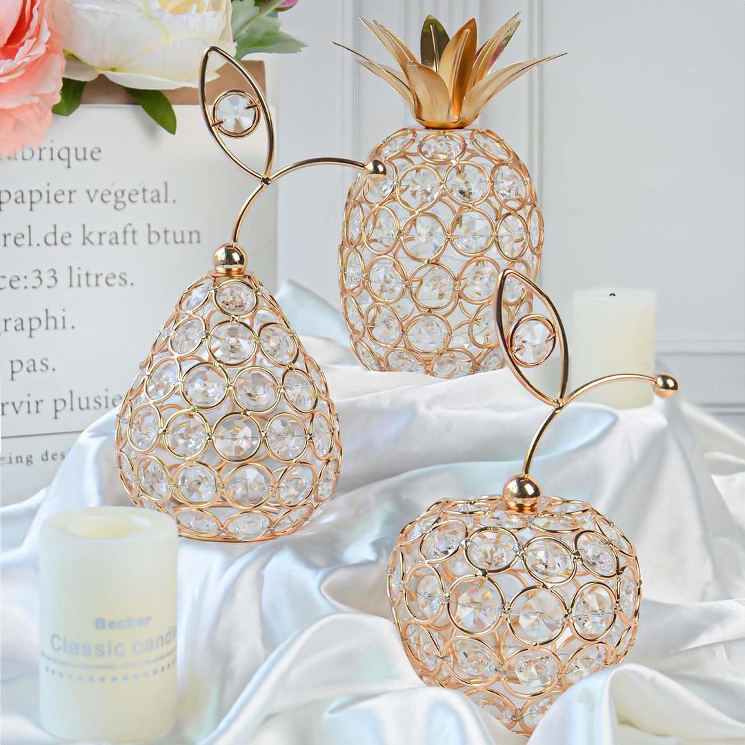 Set of 3 Elegance Crystal Metal Pineapple Pear Table Centerpiece Handmade Crystal Candlestick Hollow Fruit Ornament Home Party Wedding Holiday Decoration (Gold, Set of 3)