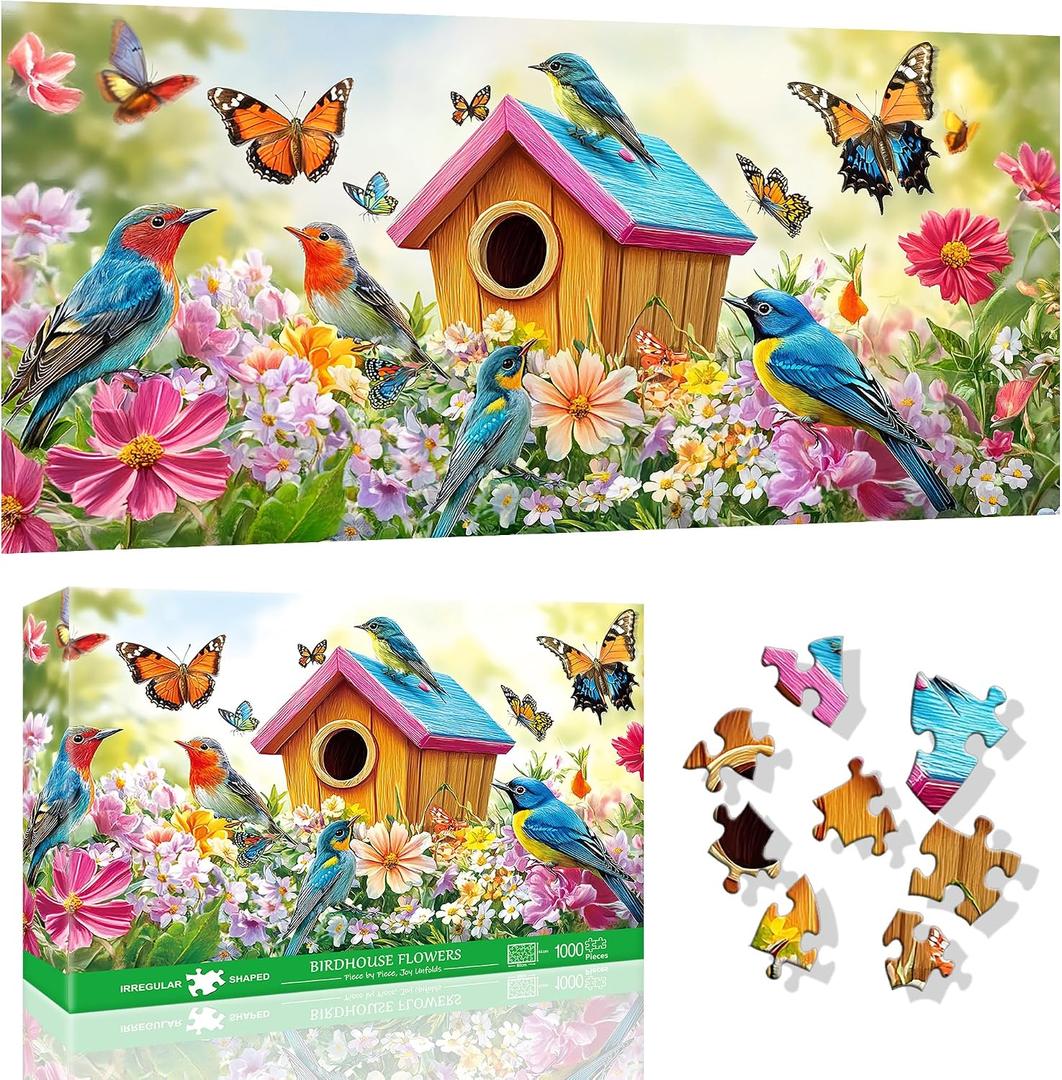 VAIIEYO Bird Puzzles for Adults 1000 Pieces - Birdhouse Flowers, Extra Large Jigsaw Puzzles Butterfly, Fun & Challenging Puzzles, Family Time, Great Gift Idea, Home Decor, Finished Size 31.5 x 16.4in