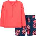 Simple Joys by Carter's Baby Boys' Swimsuit Trunk and Rashguard Set, Coral Orange/ Navy Pineapple, 18 Months