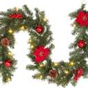 Adeeing 6 ft Christmas Garland with Lights, Pre-lit Christmas Garland with 20 LED Ligts Pinecones Red Berries Poinsettia, Indoor Outdoor Garland for Home Fireplace Staircase Decoration