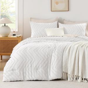 Andency White Comforter Queen, Boho Soft Fluffy Warm Lightweight Bedding Comforter Sets for Queen Bed, 3 Pieces Chevron Tufted Aesthetic Microfiber Lightweight Comforter Set