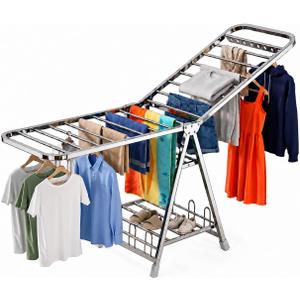 Stainless Steel Clothes Drying Rack, 71-Inch (180cm) Heavy Duty Rust-Resistant Foldable Laundry Rack with Wheels, 3-Tier Height-Adjustable Wings, Shoe Shelf, Indoor Outdoor Use, Large