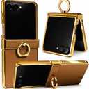 Genuine Leather Case for Samsung Galaxy Z Flip, Military-Grade Drop Protection, Hinge Protection Cover with Ring Kickstand, Gold Trim (Brown, Z Flip7)