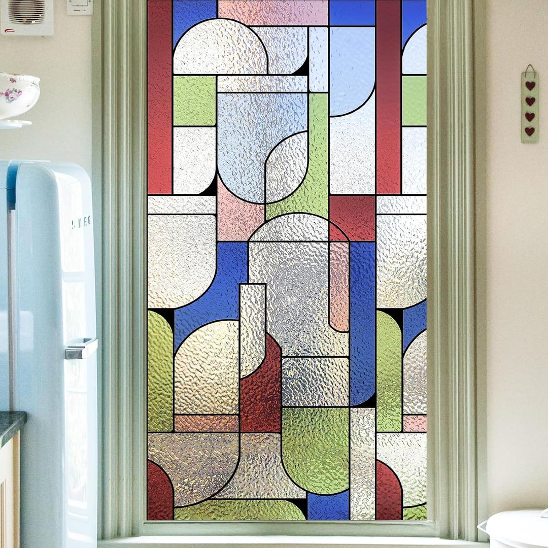 3D Stained Glass Window Privacy Film Decorative Non-Adhesive, 34.6 x 78.7 inches