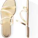 LACUONE Strappy Flat Sandals For Women Slip On Square Open Toe Slides Sandals, Size 8