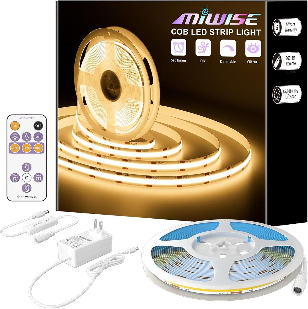 MIWISE COB LED Strip,LED Strip Light 2700K Warm White 20ft Dimmable Super Bright 24V,High Density Flexible Tape Light with RF Remote Timer Function,for Shelf/Cabinet/Bedroom/TV DIY Lighting Project (6.1m)