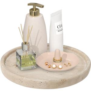 Travertine Tray, Small Ceramic Vanity Tray for Bathroom Counter Decor, Round Marble Decorative Trays for Coffee Table (Beige, Medium Size) (7.8")