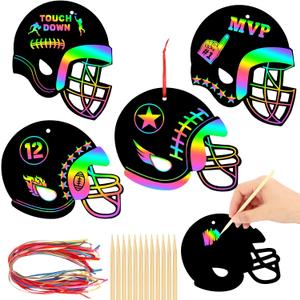 JULMELON 36 PCS Football Crafts for Kids, Rainbow Scratch Paper Art for Kids Football Party Favors Helmet Scratch Off Cards for Birthday Party Supplies School Activities