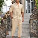 Men Linen Sets Outfits 2 Piece Short Sleeve V Neck Shirt and Harem Capri Pants Walking Suits For Men Beachwear (Beige)