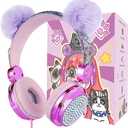 Kids Pom Headphones with Mic for Travel/Car/Plane,Added 85DB Limit Function&Shareport,Unicorns Gifts for Girls,On/Over Ear HD Stereo Wired Headsets with Nylon Cable-Hot-Purple