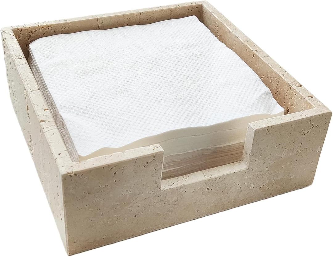 Travertine Marble Napkin Holder 7.5 Inchs for Table,Stone Flat Napkin Dispenser for Kitchen Restaurant Dining Room Countertop Decor