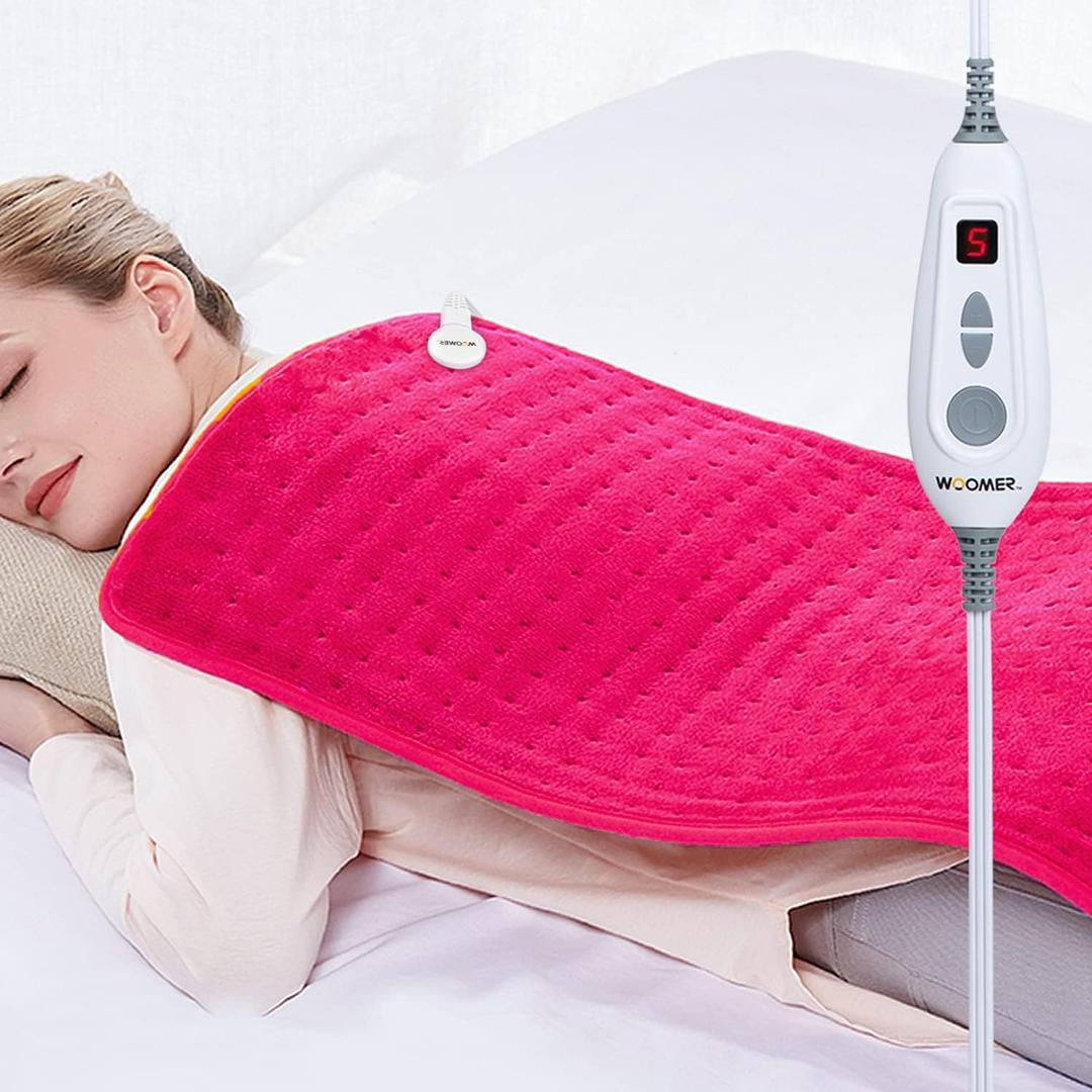 WOOMER Extra Large Heating Pad, 17"x33" XL Heating Pad, Heat Pad with Multi-Color Option, Moist Heat Therapy Feature, Auto Shut-Off, Power Cords Storage Belt, Magenta