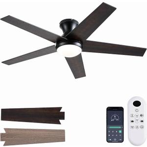 Ceiling Fans with Lights, 48 inch Low Profile Ceiling Fan with Light and Remote Control, Flush Mount, Reversible Motor, Dimmable, Noiseless, Brown Ceiling Fan for Bedroom, Indoor/Outdoor Use