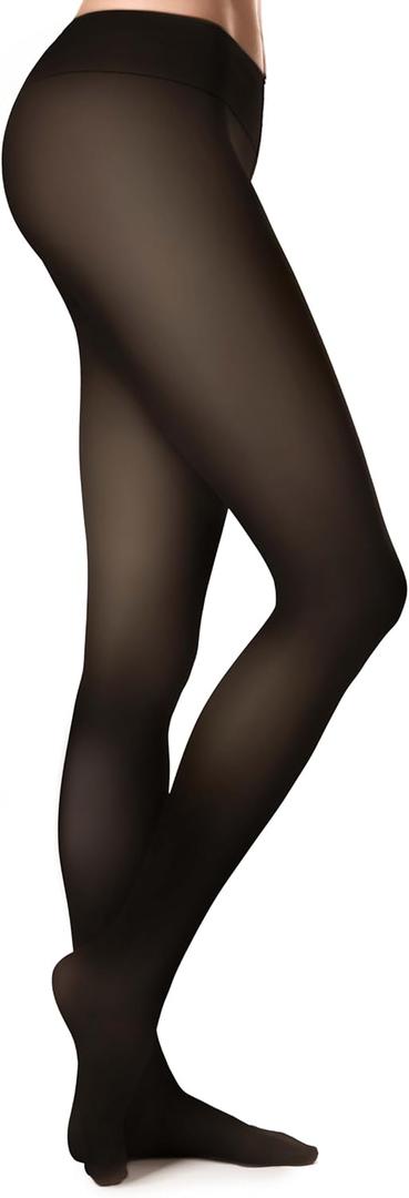 Womens Fleece-Lined Tights - Ultra-Warm Fake Sheer Look Pantyhose Thick Leggings for Winter (Medium Petite, Black)