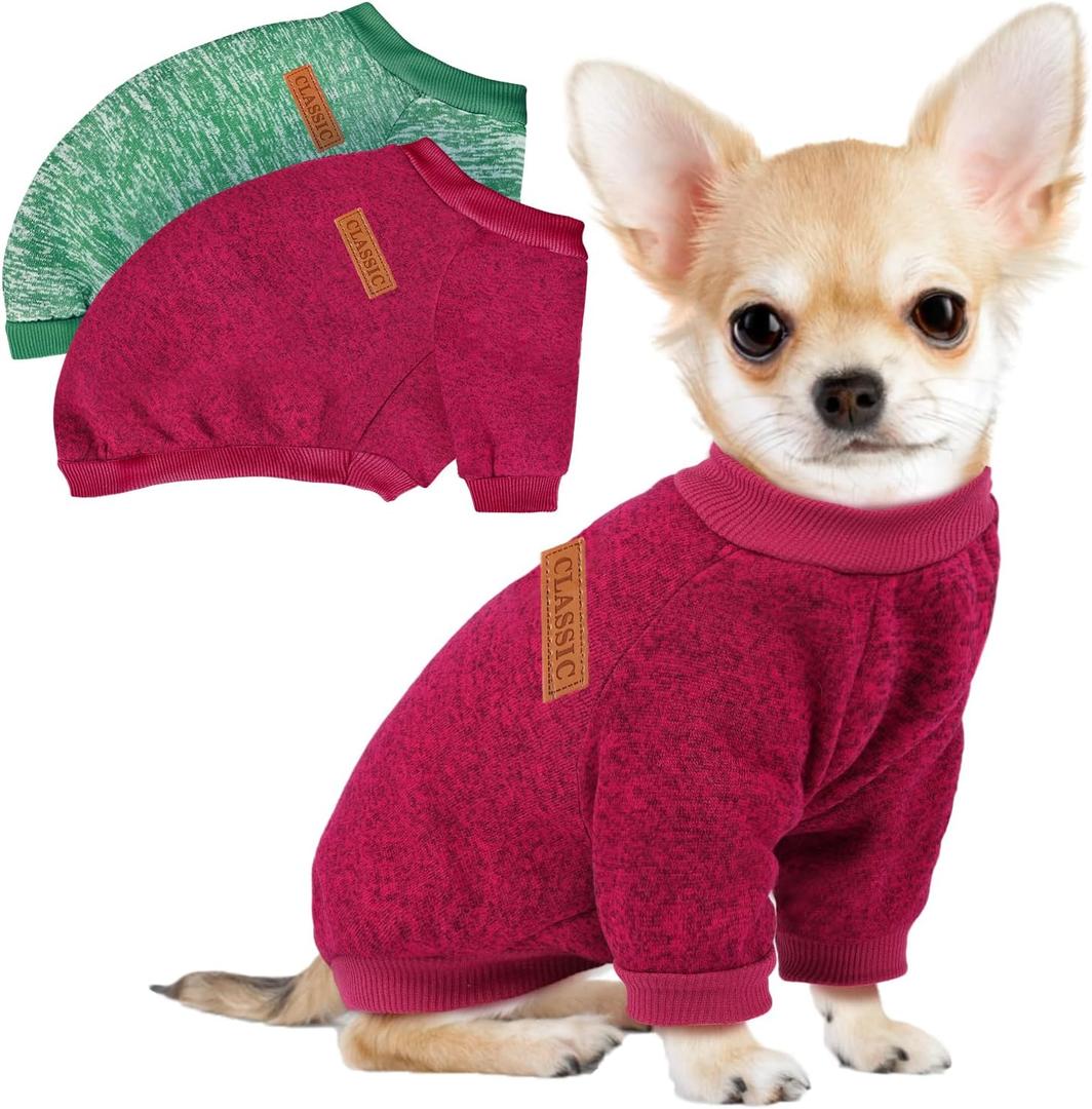 2 Pcs Dog Sweaters for Small Dogs Girl Boy Winter Fleece Clothes Warm Soft Dog Sweatshirt Outfit for Dogs Cats Pet Apparel (XS (Back: 9.8",Chest: 13.7", 3.5-5.5lbs), Wine Red+Green)