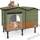 Heated Outdoor Cat House for Winter, Weatherproof Insulated Oxford Cloth & Elevated Large Outdoor Feral Cat House with Pet Heating Pad Bed, Outside Cat House for Stray Barn Cats（Green）
