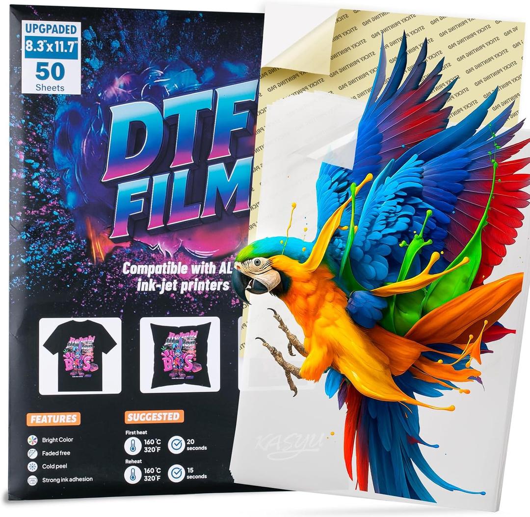 KASYU DTF Transfer Film, 50 Sheets 8.5"*11" DTF Paper for All Inkjet Printers,DTF Film for Dark Garments,Upgraded Premium Direct to Film for All Fabrics