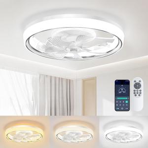 Flush Mount Ceiling Fan, Ceiling Fans with Lights and Remote, 6 Winds Speeds, 20" Low Profile Caged Ceiling Fan, Dimmable Bladeless Fan Light for 
Bladeless Ceiling Fans with Lights: 19 inch Low Profile Ceiling Fans with Lights and Remote Modern Ceiling Fan with Light Flush Mount Ceiling Fan for Bedroom Living Room, Silver 