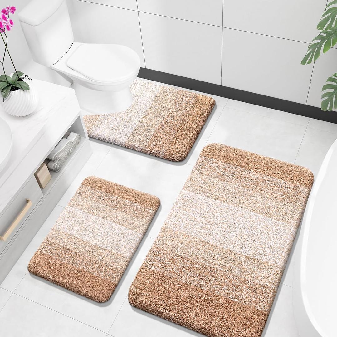 OLANLY Bathroom Rugs Sets 3 Piece, Soft Absorbent Microfiber Bath Mats and U-Shaped Contour Toilet Rug, Plush Shaggy Bath Mat Set for Bathroom (36"x24"+24"x16"+24"x20", Beige)