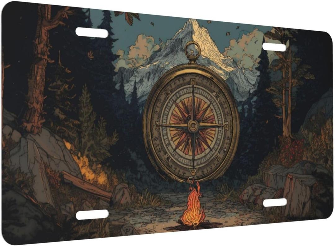 Front License Plate Cover, Nature Mountain Compass Car Decor Accessory Aluminum Metal Rust-Proof US Car Plate Novelty Vanity Tag Cover Decorative with 4 Holes for Men Women 6 * 12 in