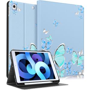 for iPad 9th/8th/7th Generation Case 10.2 Inch Girls Cute Women Folio Smart Cover Pencil Holder Blue Butterfly Aesthetic Design Girly Teens Unique Cases for iPad 7/8/9 Gen A2602 A2270 A2197