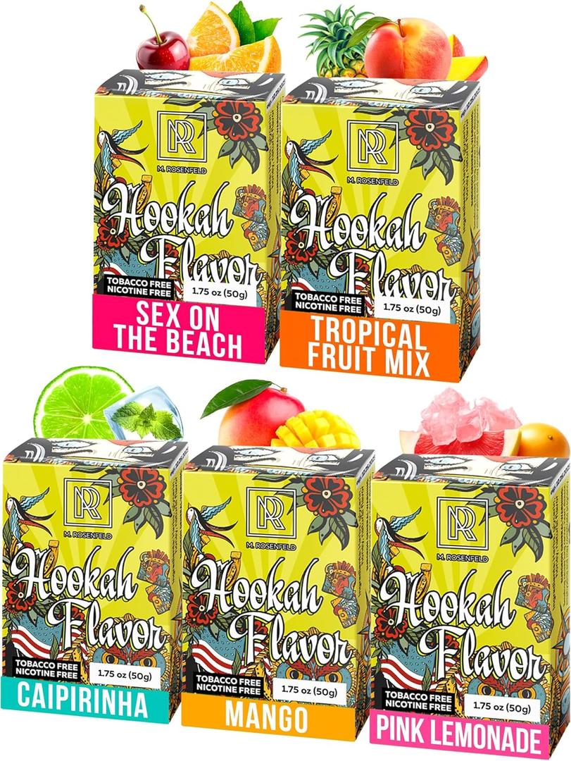 Mysterious Hookah Flavors Set - 5 x 50g Non Tobacco Hooka Flavor for your Bowl (Sex on the beach - Tropical fruit mix - Mango - Caipirinha - Pink lemonade) Hookah Bundle Pack of 5 - Try these Tobacco Free Shisha