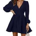 FAIABLE Mini Deep V Sexy Long Sleeve Dress for Women A-line High Waisted Casual Flowy Dress for Cocktail Wedding Guest Navy Blue, Size XL