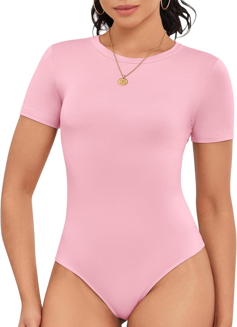 Cute Short Sleeve Tank Tops Bodysuit for Women Crew Neck Casual 2026 Summer Tops (Small, Pink)