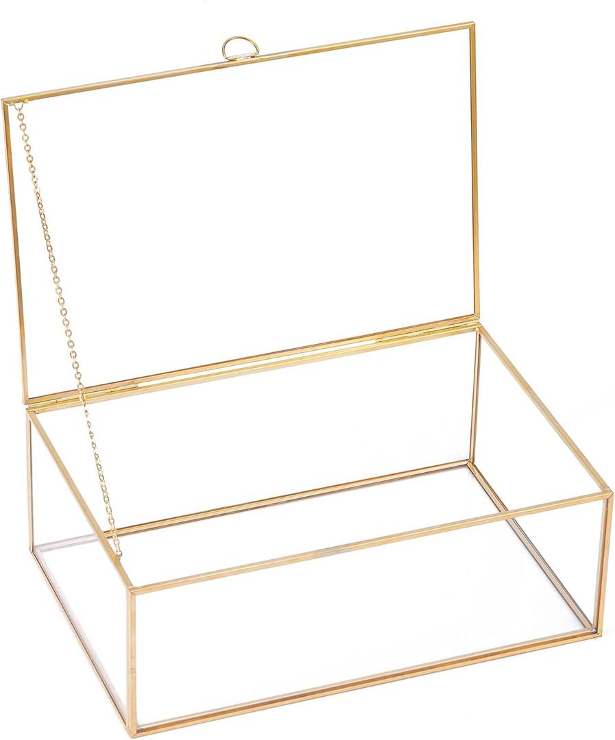 Golden Vintage Clear Glass Lidded Box Edge Bracelet Keepsake Decorative Jewelry Display Home Decor (10.8x7x4 in)