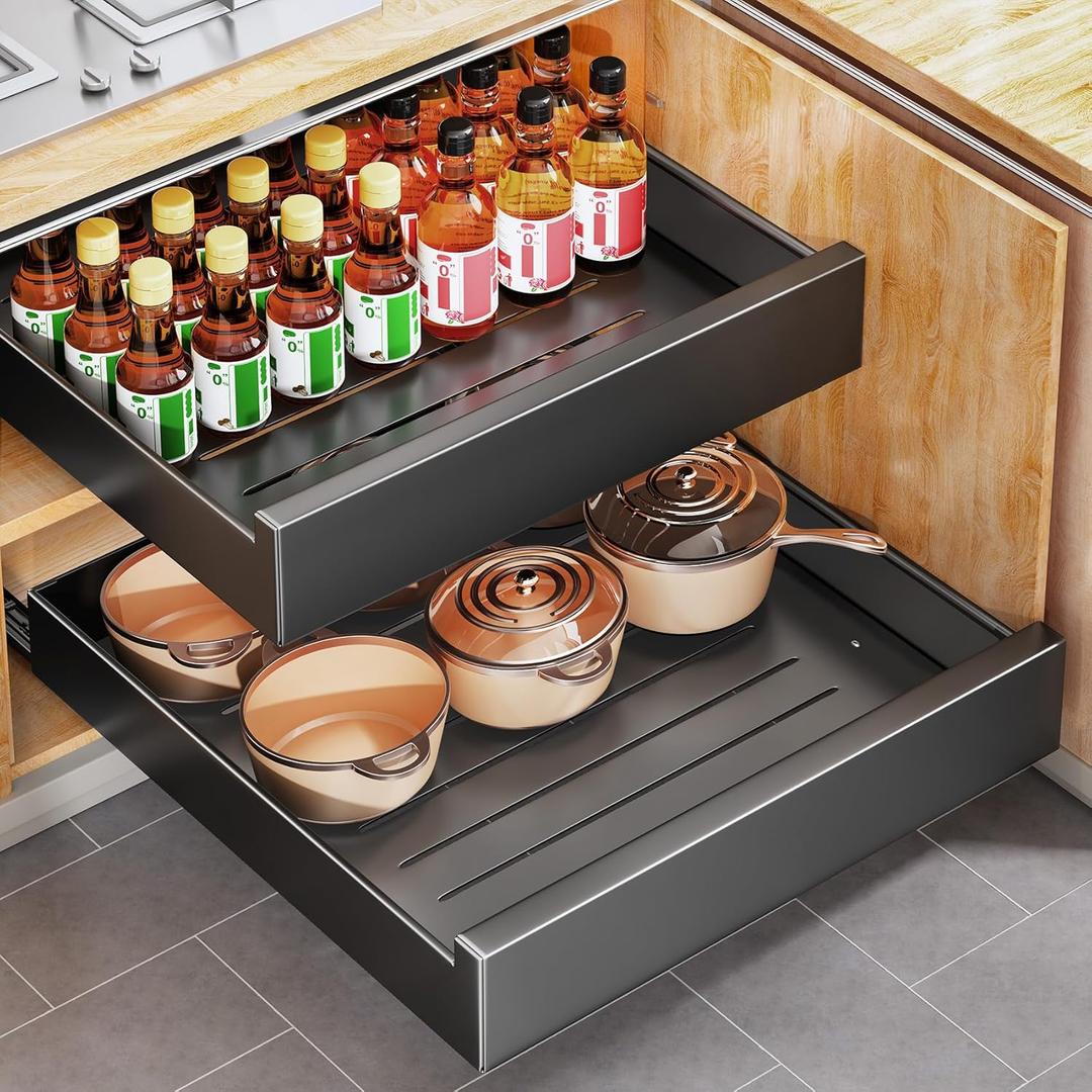 Pull out Cabinet Organizer, 21"Deep, 20"Wide Full-Extension Heavy Duty Slide out Drawers with Nano Adhesive, Roll Out Shelves Sliding Cabinet for Kitchen, Bathroom, Pantry, Under Sink Storage(Black)