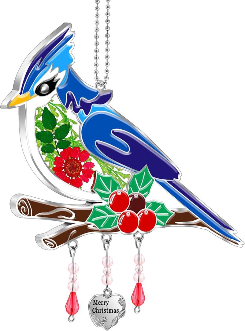 KY&BOSAM Blue Bird Suncatcher Merry Christmas Stained Glass Panel Suncathers for Windows Wind Chime Hanging Ornament with Pressed Flower and Metal Heart Charm Birthday Gift for Women Christmas Decor