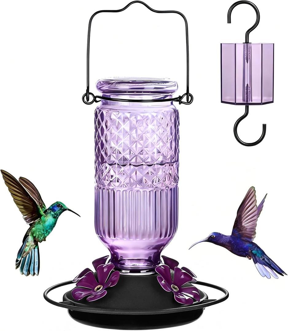 Glass Hummingbird Feeder for Outdoors Hanging, 16 oz Leak-Proof Nectar Feeder with Bee Guards & Ant Moat, 4 Metal Flower Feeding Ports, 360° Perch Ring, Easy Refill & Clean, Purple