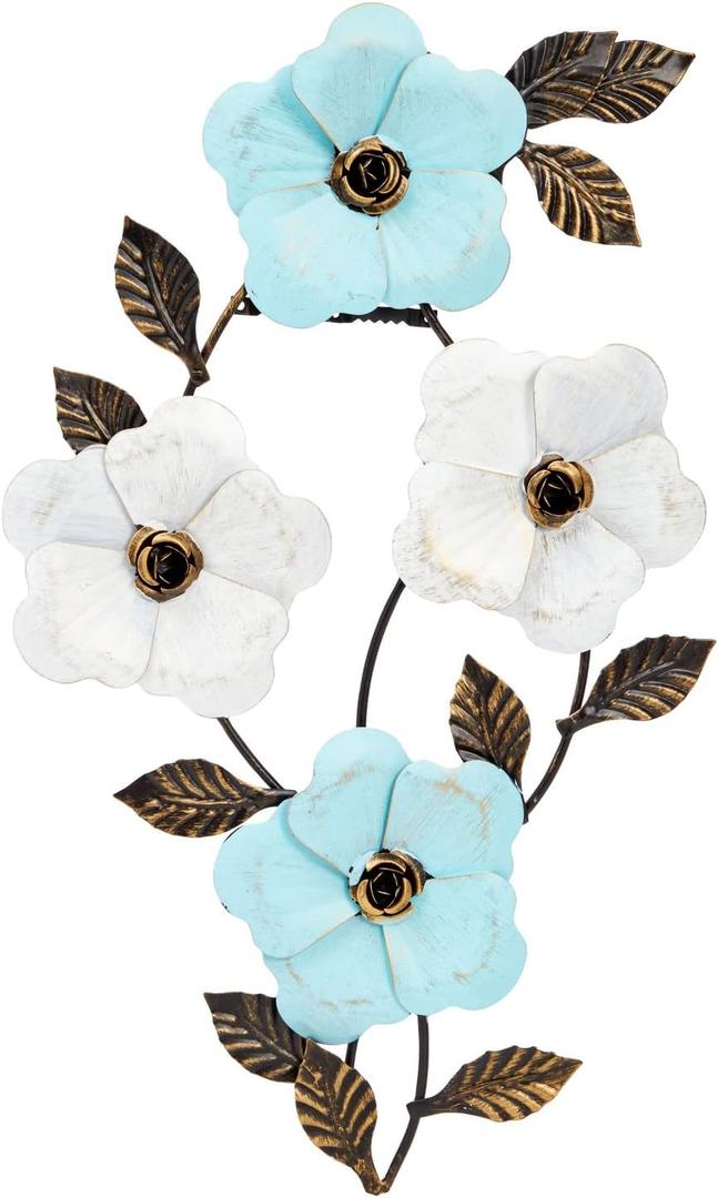 Juvale Metal Flower Wall Decor Set - Rustic Metallic Finish Farmhouse Decor - Easy Hook Mounting & Living Room Focal Point - Versatile for Bedroom & Kitchen Wall Art - 17"x 11.5", Blue White & Bronze