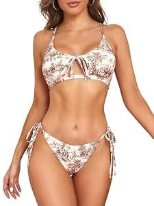 ZAFUL Women's Toile String Bikini Set Cut Out Lace Up Two Piece Swimsuit High Cut Tie Side Bathing Suit Red S