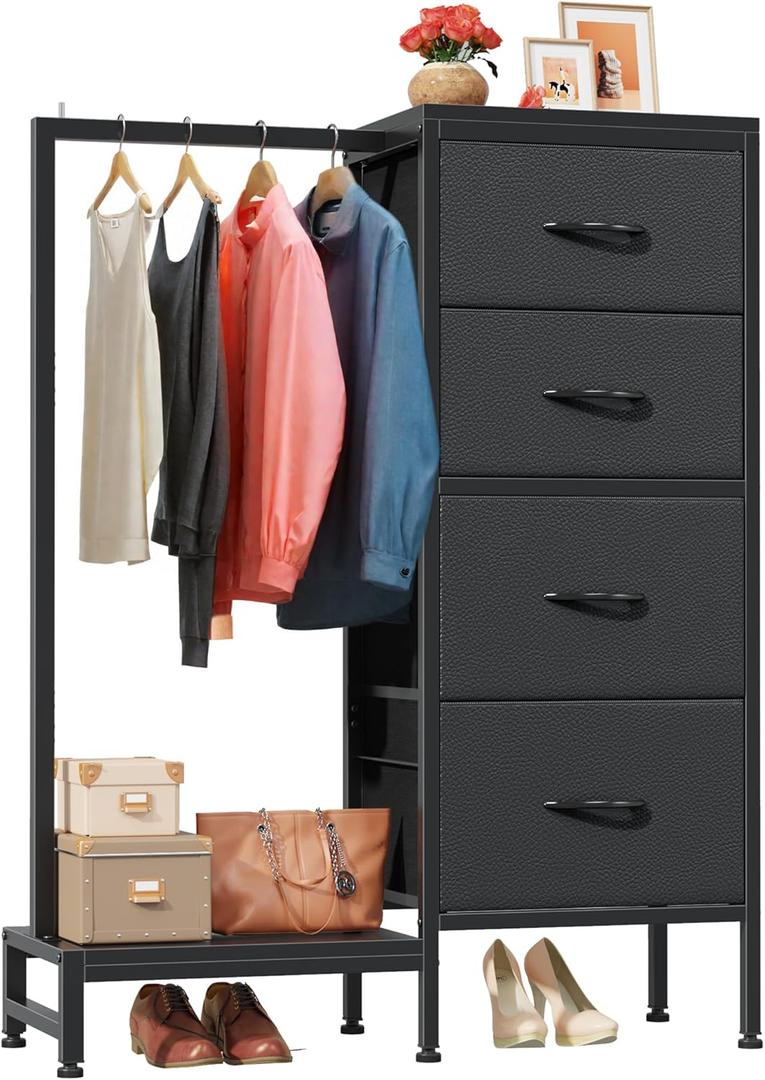 HIGDBFE Dresser with Hanging Rack, 4 Drawers Small Closet for Bedroom, Reversible Fabric Kids Chest of Drawers with Clothes Rack, Tall Storage Tower, Sturdy Frame, Black, 44''H