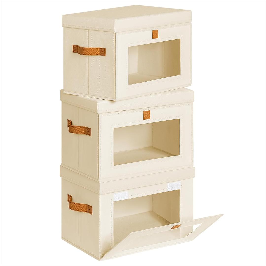 Homsorout Small Fabric Storage bins - Collapsible Storage Bins with Open Window, 3 Pack Closet Baskets for Shelves, Stackable Decorative Boxes for Home, Dorm, Beige, 13.7"x 9.8" x 9.8"