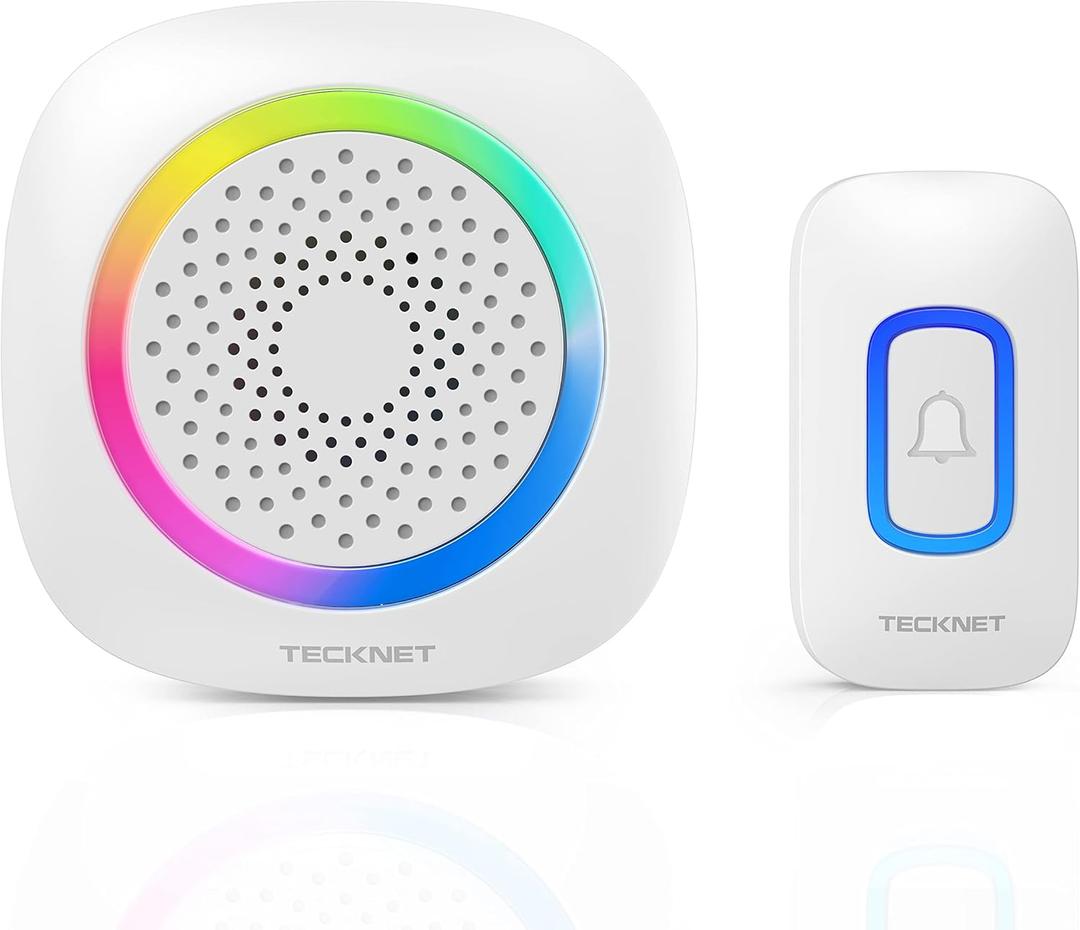 TECKNET Longest 1300 Feet Wireless Doorbell with RGB Alarm Lighting,Battery-Powered IP66 Waterproof Design,60+Chimes & 5-Level Volume for Home/Apartment/Classroom/Business,4.5-Year Battery Life,White (1 push button 1 portable receiver)