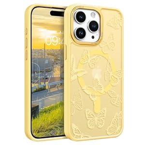 BENTOBEN for iPhone 15 Pro Case, Cute Butterfly Pattern iPhone 15 Pro Magnetic Case [Compatible with MagSafe] Translucent Matte Slim Women Girl Protective Case for iPhone 15 Pro 6.1", Yellow