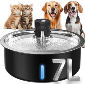Dog Water Fountain, 7L/1.8G/236oz Stainless Steel Dog Water Fountain for Large Dogs, Dog Water Bowl Dispenser, Super Quiet Pump and Replacement Filters for Cats and Dogs (Black, 7L+8 Filters)